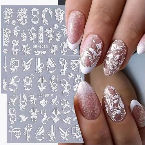 Nagelsticker 5D Selbstklebend Weiß Blumen Design für Frühling Sommer Dekoration (2 Blatt)