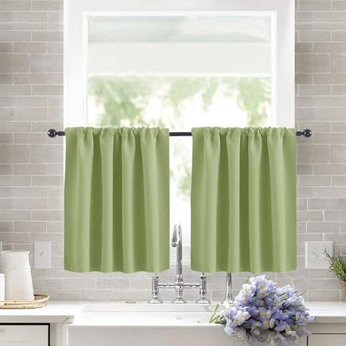 KnSam Grün Scheibengardine Küche Vorhang Bistrogardine Blickdicht Gardine Privatsphäre Scheibengardinen Fensterschal für Wohnzimmer Landhaus 2er Set 76Bx93H (cm)