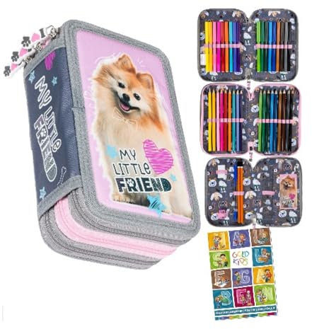 Goldkids - Federmäppchen 3 Fächer - Mäppchen für Mädchen und Jungen - Federmappe 3-Fach Federtasche 44-teilig Gefüllte Schüleretui Hausaufgabenheft- Hund Motiv