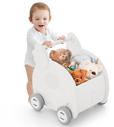 COSTWAY Baby Lauflernhilfe, Lauflernwagen mit Stauraum & Rädern & Griff, Laufwagen zum Schieben & Ziehen, Schiebespielzeug ab 1 Jahr, Beige