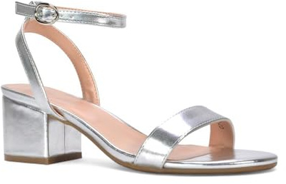 ESSEX GLAM Women's Low Block Heel Sandal Ladies Silver Metallic Open Toe Strappy Ankle Strap Dress Shoes Size 8
