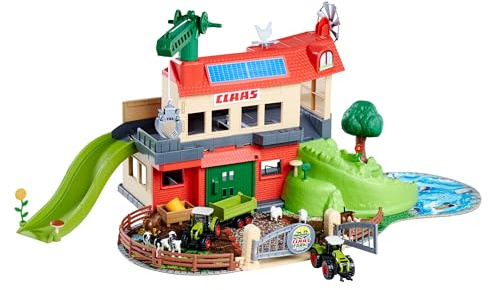 Majorette CLAAS Farm-Spielset (inkl. Autos) - Spielzeug-Bauernhof mit Stall, Traktoren, Tieren, Zubehör & vielen Funktionen, Spiel-Hof für Kinder ab 5 Jahre, 56x36x24 cm