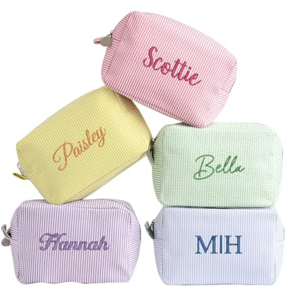 Trousse de maquillage brodée à rayures personnalisées, trousse de maquillage personnalisée avec nom brodé, organisateur de toilette de voyage grande capacité