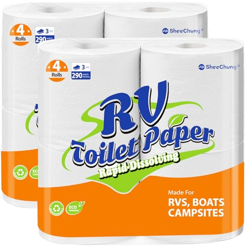 SheeChung RV Toilet Paper - 8 Rolls, Rapid Dissolve, Septic Safe, Travel Toilet Tissue for RVs, Boats, Marine, Camper Accessories- 3 Ply, 290 Sheets
