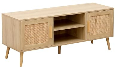EFWOOD 120cm Rattan Door TV Stand, Modern Media Console with Open Shelves, Storage Cabinet for Living Room, Bedroom