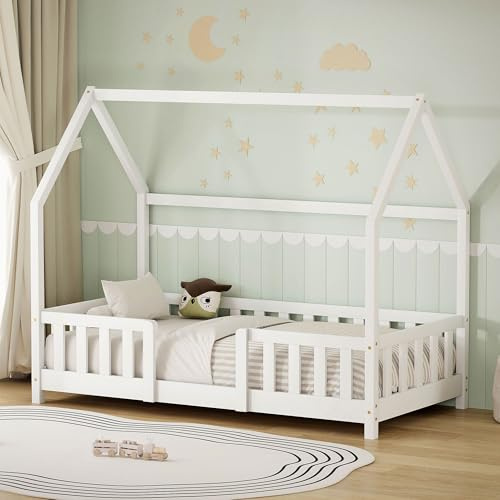 ML-Design Kinderbett Hausbett 80x160 cm mit Rausfallschutz, Dach & Lattenrost, Weiß, Bettgestell aus massivem Kiefernholz, Montessori Bodenbett, Holzbett für Mädchen & Jungen, Jugendbett, Einzelbett