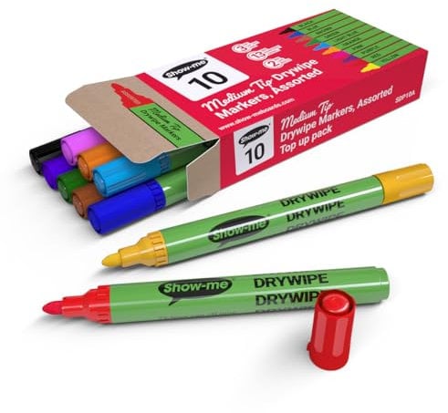 Bullet Tip Dry Wipe Non Permanent White Board Markers Erasable, Assorted Colour Marker, Teacher Stationary, Whiteboard Pens, Pack of 10 Pens