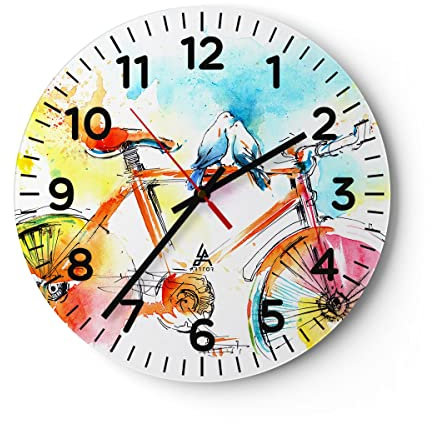 Modern Wanduhr Fahrrad Vögel Taube Reinheit 30x30cm Rund Klein Wand Uhr Glas Analog Zimmeruhren Küche Büro Wohnzimmer Glasuhr Wall Clock Dekoration Design Wanddekoration Küchenuhr C4AR30x30-3046