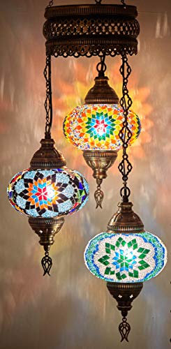 DEMMEX Lámpara de techo colgante marroquí hecha a mano con mosaico turco de 3 globos, lámpara colgante decorativa bohemia para sala de estar, dormitorio, 3.5 pies, personalizable
