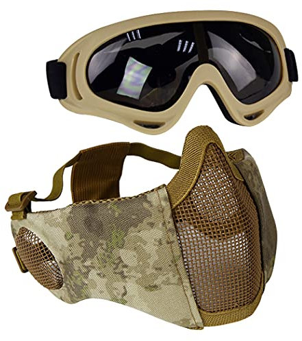 Aoutacc Airsoft-Maske mit taktischer Schutzbrille,Airsoft Maske mit Gehörschutz, Protective Gear Set für Erwachsene Männer Frauen Paintball Schießen CS-AT