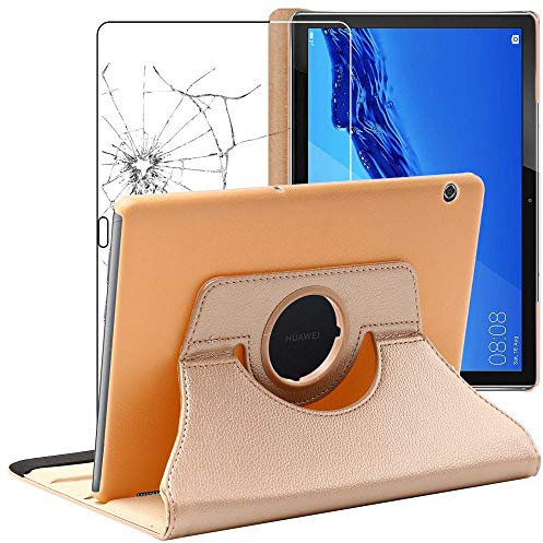 ebestStar - Coque pour Huawei MediaPad T5 10.1, Etui Rotatif 360, Housse Protection PU Cuir, Or/Doré + Verre Trempé