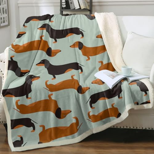 Sleepwish Dackel-Decke aus Sherpa-Fleece, für Kinder und Erwachsene, Cartoon-Welpe, bunt, Plüsch, Überwurf, Decke, Geschenk, grün, Queen (228,6 x 228,6 cm)