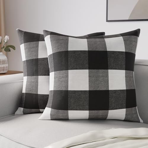 Encasa XO Kissenbezug, Sofakissen, ohne Füllung 40x40 cm | Buffalo Black Checks, 100% Baumwolle Canvas | Verdeckter Reißverschluss | Maschinenwaschbar | Dekokissen | 2er Set
