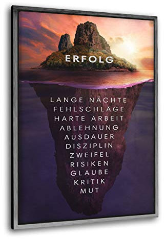 Hustling Sharks® Motivationsbilder als XXL Wandbild Insel des Erfolgs - Hochformat (Leinwand mit Rahmen silber, 60 x 90 cm), Bilder Büro, Erfolg Bild, Bilder mit Sprüchen, Wanddeko Büro