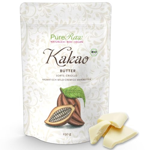 Kakaobutter Bio für Schokolade + Kosmetik Criollo (Roh Vegan) Weiße Schokolade Ohne Zucker - Kakao Butter Unraffiniert Lebensmittelqualität - Cocoa Butter Organic Cacao White Chocolate | PureRaw 250g