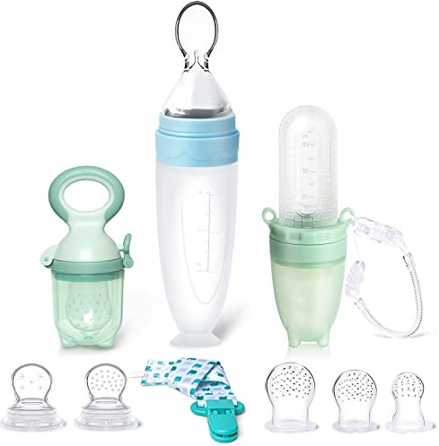 Termichy Fütterlöffel baby, Fruchtsauger baby zur Linderung des Zahnens von Babys, Weicher Silikon löffel baby für die erste Phase der Babyfütterung, Perfekte Baby Led Entwöhnungsnahrung(Blau&Grün,B)