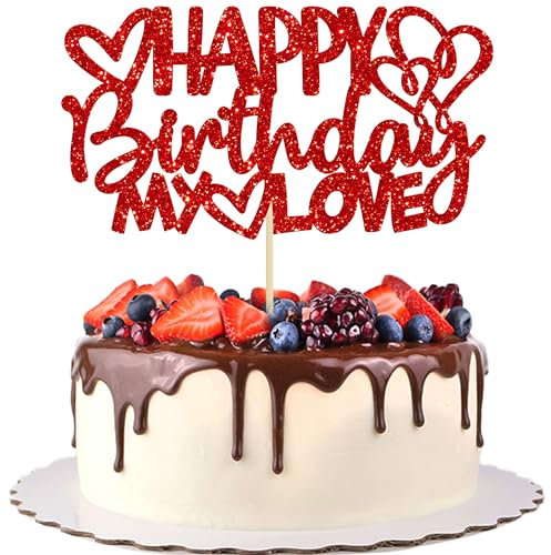 Gyufise 1Pc Red Happy Birthday My Love Cake Topper My Love Birthday Cake Decoration with Heart for Wife Husband Children or Parent Party Decoration Supplies