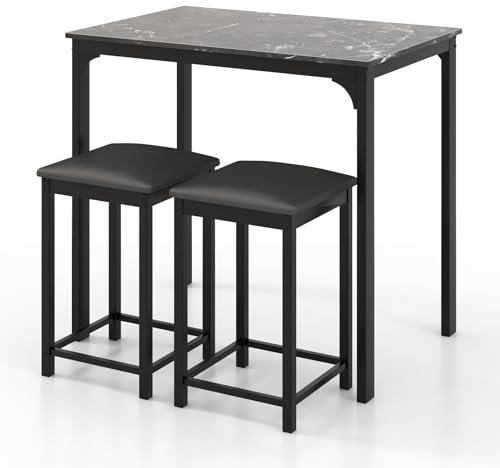 TANGZON Bar Table Set with 2 Stools, 3 Piece Breakfast Counter Table Set with PU Leather Pad and Marble Vein Tabletop, Metal Frame Pub Table and Chairs Dining Sets (Black)