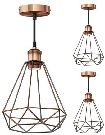 ledscom.de 3 Stück Vintage Pendelleuchte RETRA, bronze, E27 Fassung, Käfig-Schirm, bronze