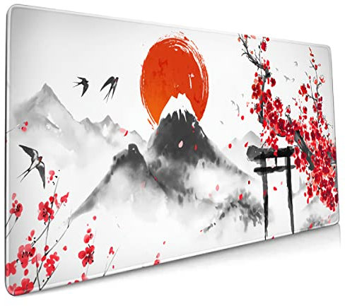Japanisches Mauspad, Aquarell-Mauspad, 90 x 40 cm, XXL, Tintenstil, Kunst, Sakura, Kirschblüte, Rosa, komplettes Schreibtisch-Mauspad, erweitert, große rutschfeste Gummiunterseite, Tastaturmatte mit