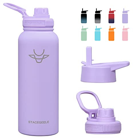 STACEGEELE 40oz Insulated Water Bottle with Straw Lid Reusable Leak Proof Stainless Steel Water Bottles Double Wall Vacuum Insulation 24 Hours Cold and 12 Hours Hot Light Purple
