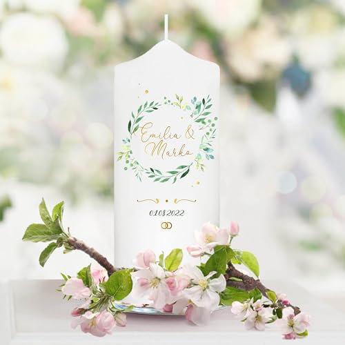 Wandtattoo Loft Hochzeitskerze personalisiert mit Namen und Datum, Motiv mit Kranz aus Grünen Blättern, 18cm x 7cm, personalisierte Gastkerze, Hochzeit Kerze selbst gestalten, Hochzeitsgeschenk