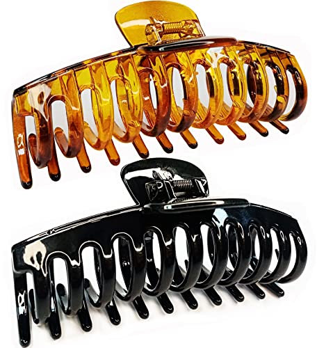 Accglory Pinces à cheveux extra larges de 14 cm pour femme - Grandes pinces à cheveux épaisses - Noir et marron - XL - Pinces géantes solides