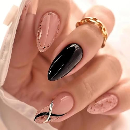 Almond False Nails, Black Press on Nails 24 Pcs Medium Fake Nails Blue with Line Acrylic Nails for Women Girls