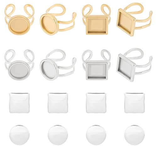 UNICRAFTALE 8 Sets 2 Colors Square Round Open Cuff Ring Bezel Tray 12mm US Size 7~8 201 Stainless Steel Blank Cabochon Ring Bases with Glass Cabochons Domes Set for Ring Making