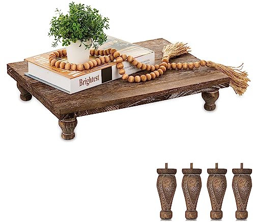 Hanobe Dekoratives Tablett aus Holz: Bauernhaus-Holzständer, rustikales braunes Tablett, Erhöhung für Café, Bar, Küche, Esszimmer, Zuhause, Tischdekoration, kurzer und hoher Fuß