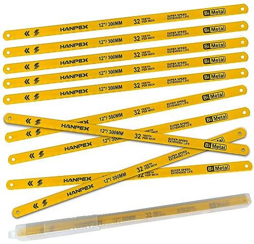 Hanpex Hacksaw Replacement Blades (10 Pack) High Speed 32 TPI - 12 Length Hack Saw Blade - Bi-Metal HSS Cutting Blades