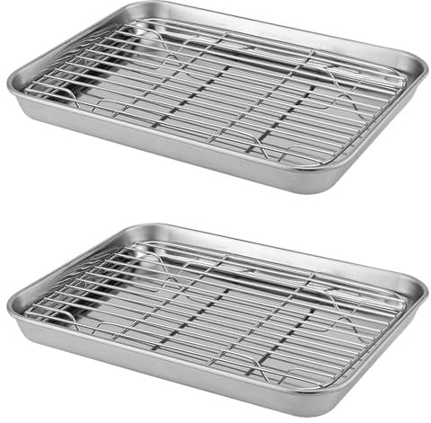 ZOENHOU Set of 2 Non Stick Stainless Steel Baking Sheets with Cooling Rack, Rectangular Serving Cookie Pan Baking Pans Oven Cooking Tray, Dishwasher Safe