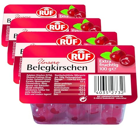 RUF Rote Beleg-Kirschen, extra fruchtige & alkoholfreie Cocktail-Kirschen, entsteinte Maraschino-Kirschen für Torten, Obstsalat & Cocktails, 1 x 100g (Packung mit 4)