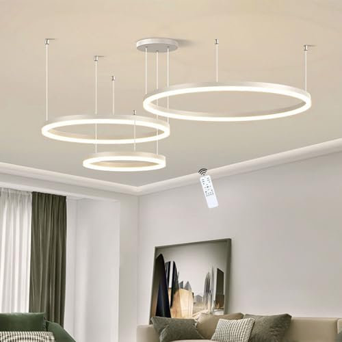LIUYU Pendelleuchte Weiß 106W, Wohnzimmerlampe Dimmbar mit Fernbedienung. Hängelampe wohnzimmer Hängend höhe Form verstellbar. Deckenlampe wohnzimmer, Pendelleuchte esstisch 3 ringe Größe 40+60+80cm