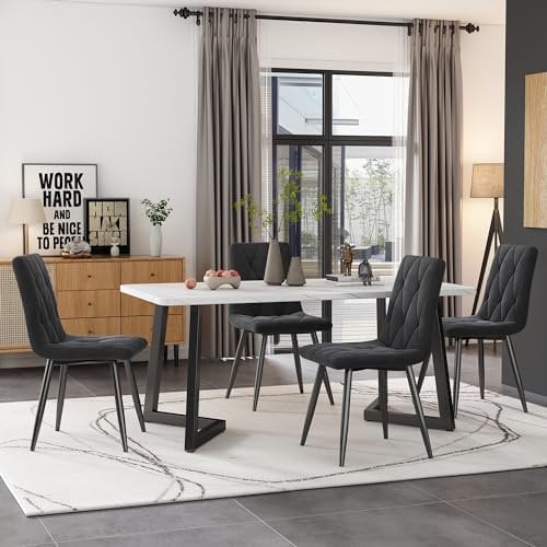 KUAKE Essgruppet,117×68cm Esstisch mit 4 Stühlen, Rechteckiger Esstisch Moderner Küchentisch Set,Esszimmerstuhl Twill Samt Küchenstuhl,Schwarze Tischbeine (Dunkelgrau)