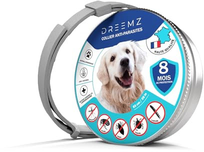 DREEMZ® Collier Anti Puces pour Chien - Collier Anti Puce Chien - Anti Tiques Haute Qualité - 8 Mois de Protection - 63cm Réglable Toutes Tailles - 100% Naturel - Imperméable déperlant (1 unité)