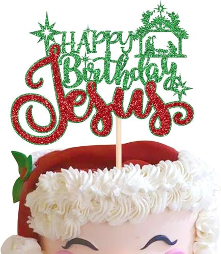 1 Stück Happy Birthday Jesus Tortendeko Glitzer Frohe Weihnachten Krippe Jesus Geburtstag Kuchen Deko für Krippe Thema Weihnachten Jesus Geburtstag Party Kuchen Dekorationen Rot Grün