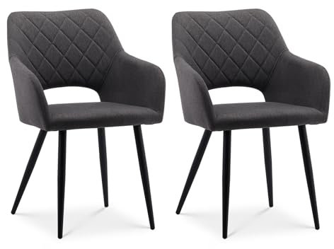CLIPOP Esszimmerstühle, 2er Set, Polsterstühle mit Armlehnen, Metallbeine, Leinen Bezug, Leinen Dunkelgrau, bis 150 kg belastbar, für Arbeitszimmer, Wohnzimmer, Schlafzimmer (2er, Leinen Dunkelgrau)