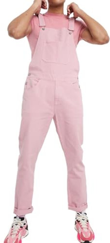 Oanviso Salopette Jeans Jumpsuit Homme Pantalon avec Bretelles Overalls Casual Jumpsuit Coupe Régulière Vintage Streetwear Jumpsuit de Travail été Léger Salopette Denim Combinaison F Rose S