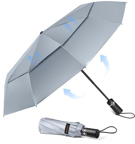 TECKNET Paraguas Plegable, Antiviento Sombrilla con Doble Cubierta para Hombres, Automático Abierto y Cierre, Ligero Portátil, Viaje Grandes Umbrella de 10 Varillas, Plata y Amarillo