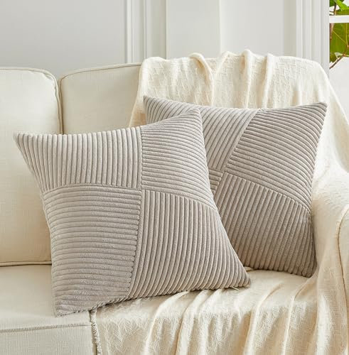 FDTERN 2er Set Taupe Boho Dekorativ Kissenbezug 50x50 mit Diagonales Gestreiftes Muster Weich Kordsamt Kissenhülle Zierkissenbezüge Sofakissen Dekokissen Deko für Sofa Schlafzimmer Wohnzimmer