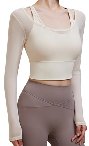Harssidanzar Women's Yoga Long Sleeve 2 in 1 Mesh Gym Athletic Tops Workout Shirts with Medium Support Sports Bra CL301UK, White, Size M