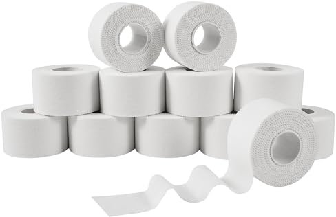 Ruban adhésif en oxyde de zinc - 3.8cm x 10m (12 rouleaux) - Ruban adhésif sportif blanc pour cheville, poignet, genou et pied, Ruban adhésif sportif pour tous les sports Bat, Lifters