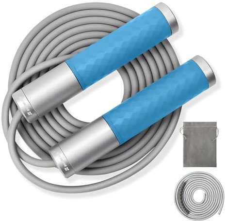 BURNCALO Weighted Jump Rope for Men, Women (1.5LB) - Alloy Steel Handles, Speed Skipping Rope, Gym,Indoor/Outdoor - Fitness, Workout, Boxing - Solid PVC & Cotton Rope (SILVER-BLUE)
