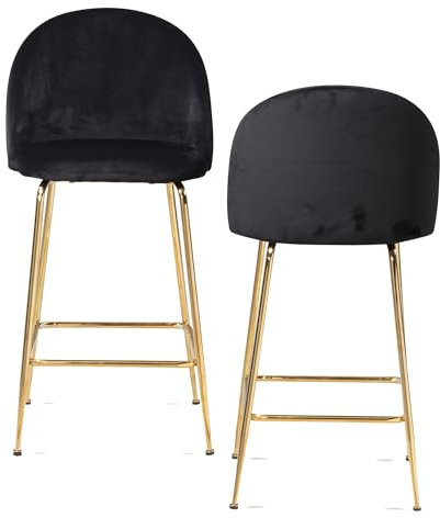 Wohnling 2er Set Barhocker Samt Schwarz Hocker mit Lehne & goldenen Beinen, Küchenhocker Skandinavisch Stoff/Metall 110 kg, Design Barstuhl Tresenhocker, Bistrohocker Gepolstert