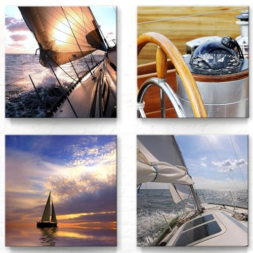 BilderKing Segeln - Wandbilder Set A - 50cm x 50cm, 4er Set Leinwand auf Fertigrahmen + Aufhänger