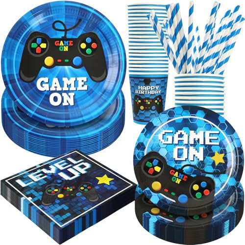 120 Pièces Décorations de Fête d'Anniversaire sur le Thème de Jeu Vidéo, Fournitures de Fête sur le Thème de Gaming, Vaisselle Jetable | Pour 24