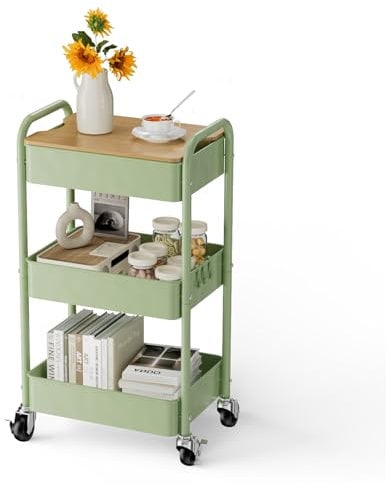 Shrivee 3-Tier Rollwagen mit Tischplatte, Servierwagen, rollender Allzweckwagen aus Metall, Regal auf Rädern, Regal, Organizer, Küchenregal, Stabiler Allzweckwagen für Küche, Bad, Büro (Grün)