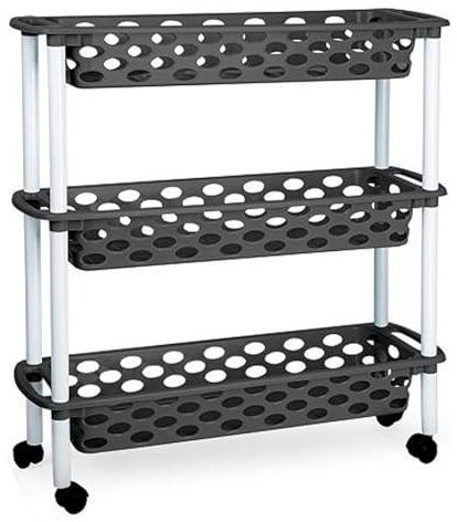 AC - Carrito verdulero de plástico con 3 Niveles y Ruedas - PLFT Aire Slim - Cestas apilables portaobjetos - 61 x 58 x 18,5 cm - Color Antracita