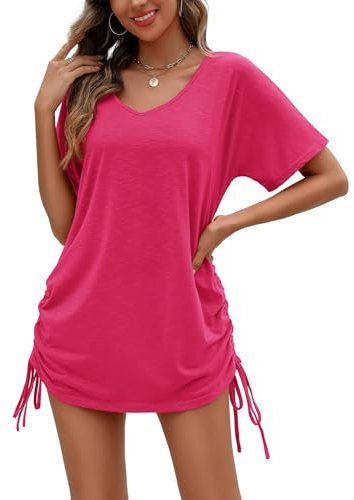 AI'MAGE Cache Maillot de Bain Femme Plage Chemise Été Tunique Paréo Cover Up Blouse Col V Maillot De Bain Cache-Maillots Et Sarongs Haut Shirt,Rose Rouge,M